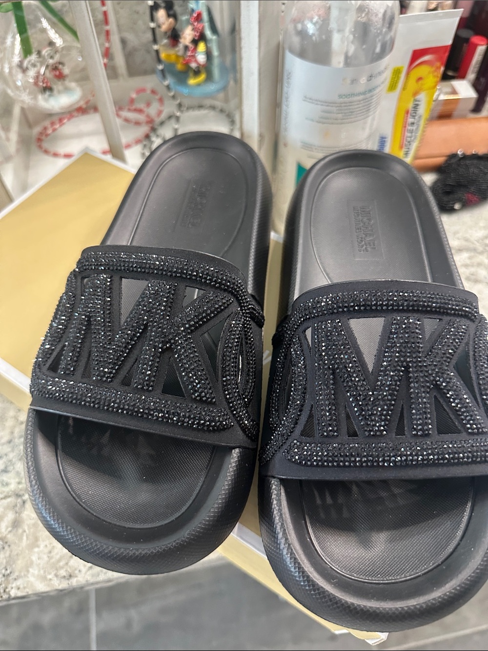 Brand NEW Michael Kors Black Crystal MK Logo Slide Sandals